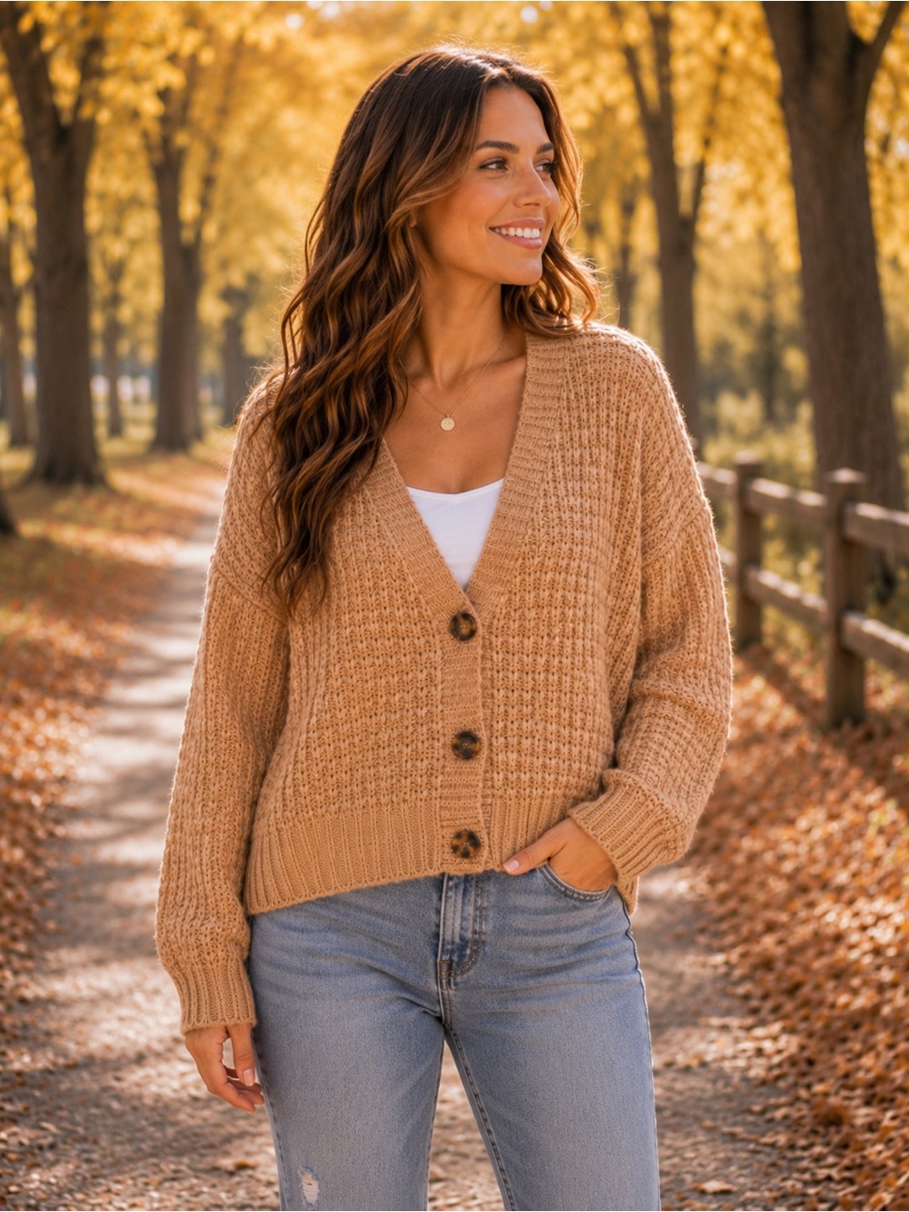 No Boundaries Chunky knit Cardigan Tan Button-Front V-Neck Cardigan NWT